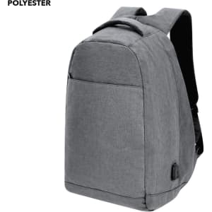 A grey anti-theft backpack with adjustable shoulder straps and a sleek design. It features a front pocket and has a logo.
