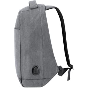 A grey anti-theft backpack with a sleek design, featuring a side pocket and adjustable straps.