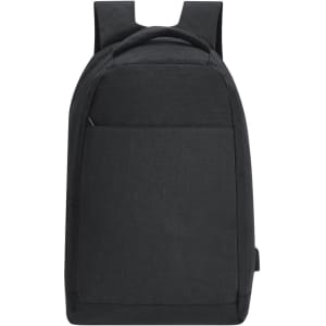 A black anti-theft backpack with adjustable straps and a front pocket, featuring a simple and sleek design.