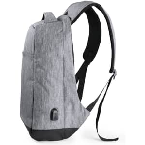A grey anti-theft backpack with sleek design and adjustable straps, featuring a small logo.