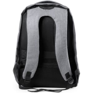 A grey and black anti-theft backpack with padded straps and a mesh-back panel. It features a logo on it.