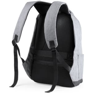 A grey and black anti-theft backpack featuring padded straps and a mesh panel. It has side pockets and a simple design.