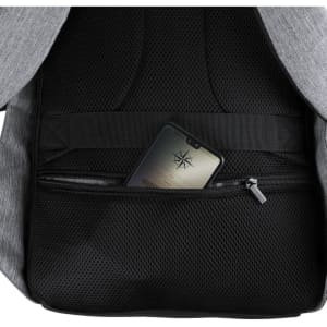 A grey backpack with a mesh pocket, featuring a smartphone tucked inside the zippered compartment.