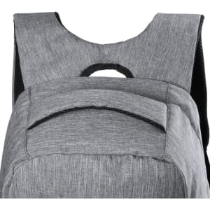 A grey anti-theft backpack featuring a padded back and carrying handle on top. It includes branding elements.