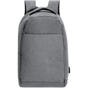 A grey anti-theft backpack with a sleek design and a logo, featuring adjustable straps and a front pocket.