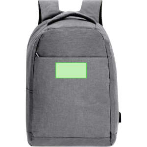 A grey anti-theft backpack featuring a front compartment and adjustable straps, with a logo on the side.