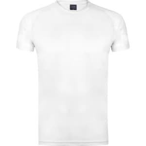 A plain white adult T-shirt with a round neckline and short sleeves, featuring a small logo on the label.