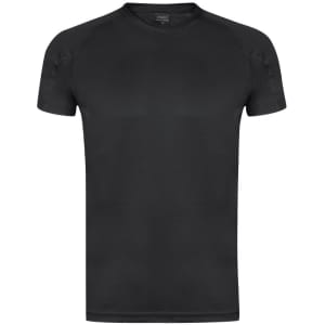 A black adult T-shirt with a smooth texture and a logo on the label.