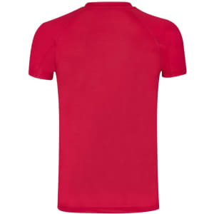 A red adult t-shirt with a plain back and short sleeves, featuring a logo on the back.