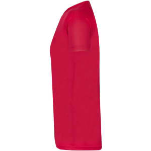A red adult T-shirt displayed from the side, featuring a simple design and a logo.