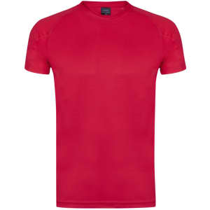 A red adult T-shirt with a fitted design and a logo on the label.