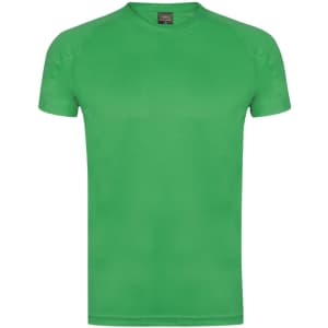 A green adult T-shirt with a simple design and a logo on the label.