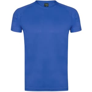 A blue adult T-shirt with short sleeves and a simple design, featuring a logo on the label.