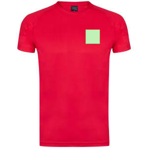 A red adult T-shirt featuring a small green square patch and a logo on the front.