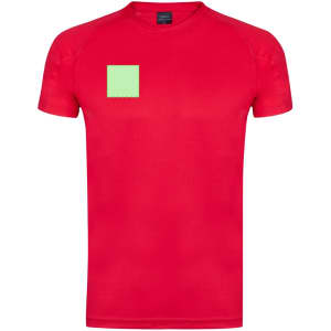 A red adult t-shirt featuring a small square area on the front and a logo.