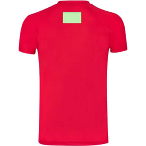 A red adult t-shirt featuring a plain back and a blank area, with a logo present on the design.