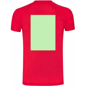 A red adult T-shirt featuring a blank green rectangle on the back, with a logo at the neck.