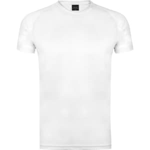 A white T-shirt featuring a fitted design and short sleeves, with a logo on the label.
