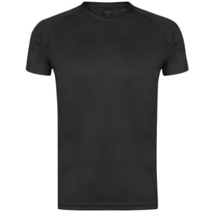 A black short-sleeved T-shirt with a fitted design and a logo on the tag. Ideal for active wear.