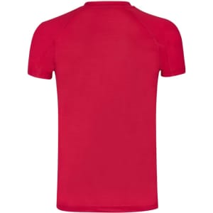 A red children's T-shirt with a fitted design and a round neckline, featuring raglan sleeves and a logo.