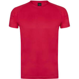 A vibrant red kids' T-shirt with a fitted design and short sleeves, featuring a logo on the tag.