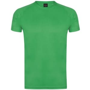 A bright green children's T-shirt with short sleeves and a simple design. It has a logo at the neckline.