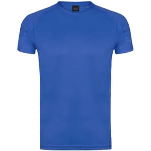 A blue children's T-shirt with a round neck and short sleeves, featuring a logo on the label.