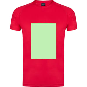 A red children's t-shirt featuring a blank green rectangular area in the centre and a logo on the label.