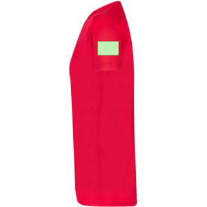 A red kids' T-shirt featuring a logo on the sleeve. The shirt has a simple, classic design.