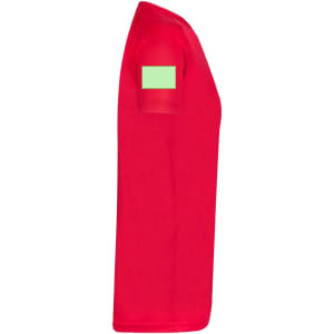 A red kids' T-shirt with short sleeves and a green logo area on the sleeve.