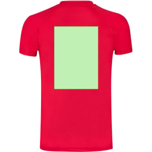 A red kids' T-shirt featuring a blank green rectangular area on the back and a logo on the front.