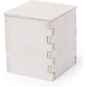 A plain wooden flowerpot in a cube shape, featuring finger-jointed edges, made from light-coloured wood.