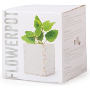 A white flowerpot box featuring green leaves, with a simple design and a logo on the side.