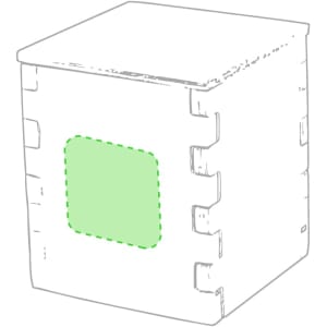 A square, light-coloured flowerpot with a green cut-out panel. The design features interlocking edges and a lid.