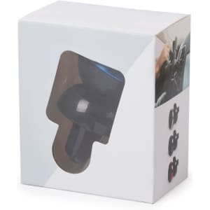 A car phone holder in a white packaging box, featuring a clear window to view the black product inside.