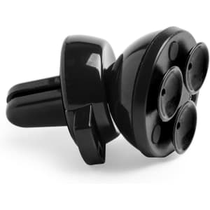 A black car phone holder with multiple prongs for secure attachment to vehicle vents. It features a logo on the surface.