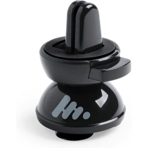 A black car phone holder with a sleek design and a logo, featuring a stabilising base for secure placement.