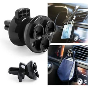 A black car phone holder with multiple slots, designed to attach to a vehicle's air vent. Features a logo.
