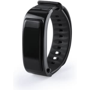 A black smart bracelet with a sleek design and a glossy finish, featuring a clasp for secure fastening.