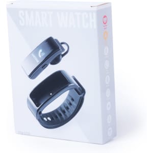 A black smart bracelet and earbud packaged in a box with branding and icons, featuring a minimalist design.