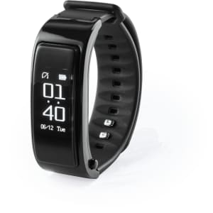 A black smart bracelet with a digital display and adjustable strap, featuring a logo.