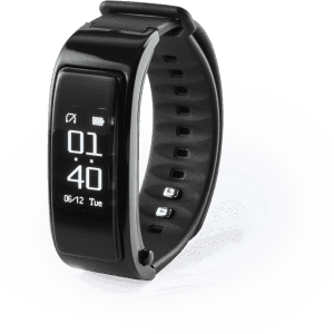 A black fitness bracelet with a sleek design, featuring a digital display for time and date. It has a logo on the band.