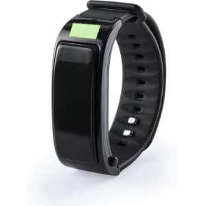 A black smart bracelet with a sleek design, featuring a touch screen and adjustable strap. It has a logo on the band.