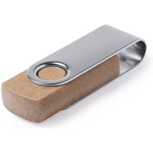 A silver and brown USB memory drive with a sleek design and a circular opening. It features a logo on the surface.