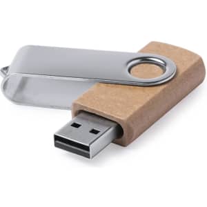 A brown and silver 16Gb USB memory drive with a swivel design and a logo.