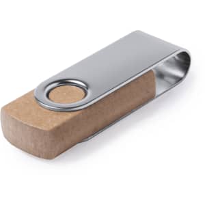 A silver and brown USB memory stick with a sleek, metallic casing and a wooden base.