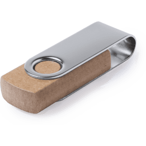 A silver and brown USB memory drive with a sleek design and circular hole. It has a modern, minimalist look.