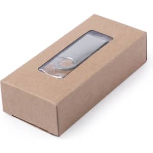 A grey 16Gb USB memory flash drive inside a brown cardboard box with a clear window.