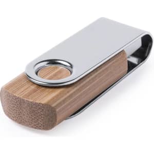 A silver and bamboo USB memory stick with a sleek design, featuring a metal clip for easy attachment.