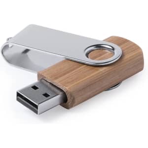 A silver and bamboo 16Gb USB memory drive with a swivel design and integrated keyring attachment.
